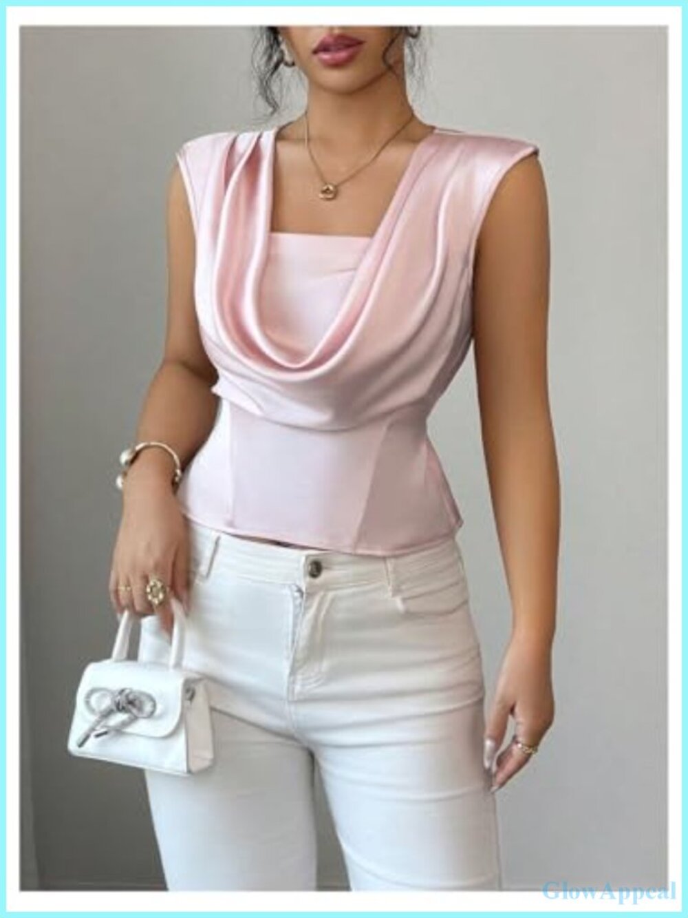 Silky Sleeveless Blouse Cowl Neck Ruched Tie Back Top - Picture 4 of 4